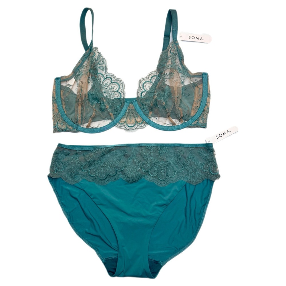 SOMA Tattoo Embroidery Bra & Panty Set 34DDD M Teal Sheer Lace Perfect Coverage
